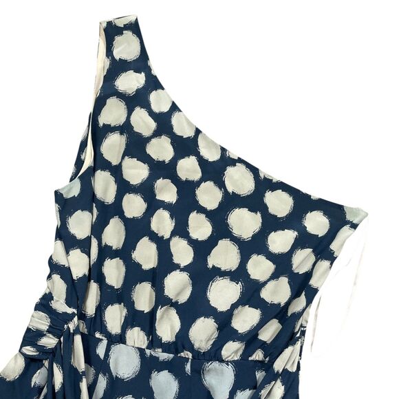 Theory 6 Blue Print Dress One Sleeve Side Zip Belted Silk Spandex - Picture 2 of 6